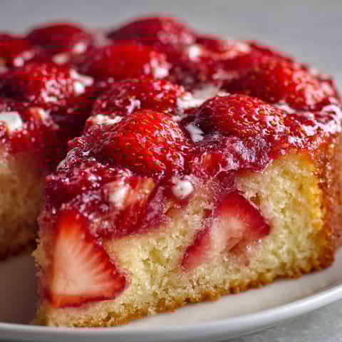 A slice of upside down strawberry cake is displayed on a plate.