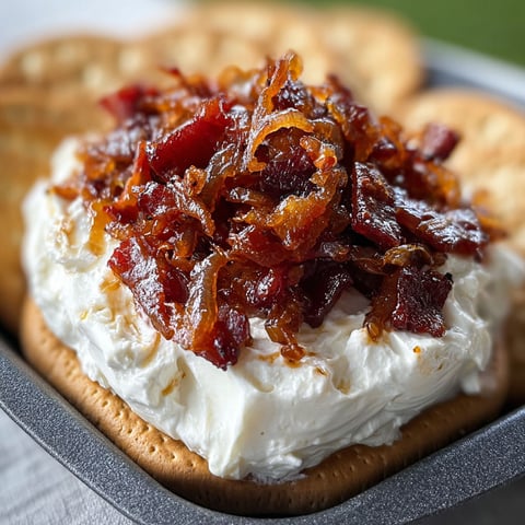 A delicious chili bacon crunch cream cheese spread is ready to be enjoyed during an epic happy hour.
