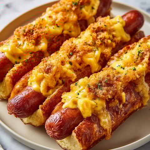 Two hot dogs covered in cheese and breadcrumbs are served on a plate.