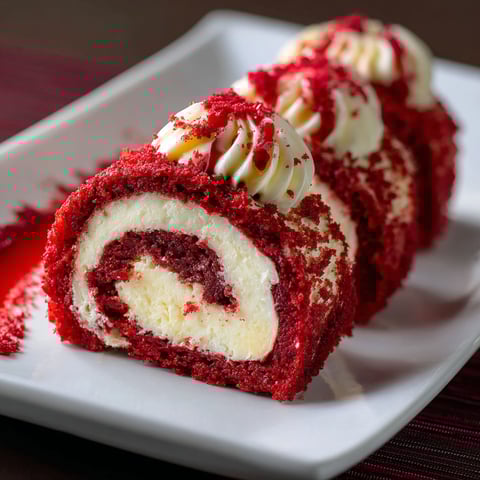 A slice of red velvet cheesecake sushi roll dessert on a plate.
