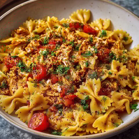 A bowl of pasta with tomatoes, herbs, and chicken.