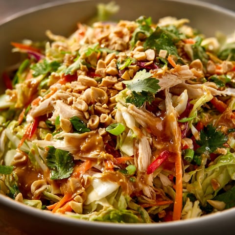 A bowl of Thai Crunch Chicken Salad with a variety of vegetables and sauce.