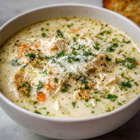 A bowl of Garlic Parmesan Chicken Soup with chicken, cheese, and herbs.