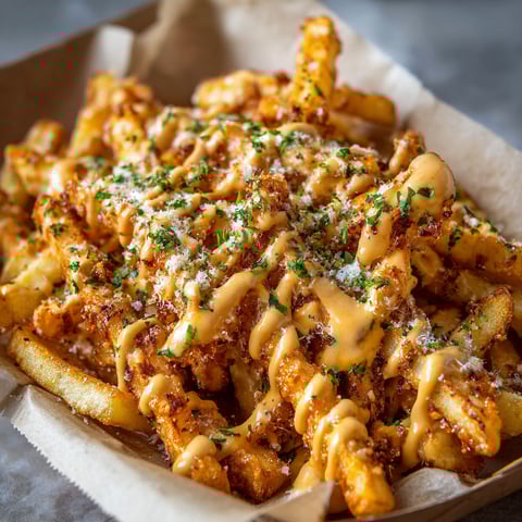 A delicious plate of Louisiana Voodoo Fries, topped with cheese and sauce, is ready to be enjoyed.