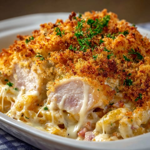 A delicious Chicken Cordon Bleu Casserole is served in a white bowl.
