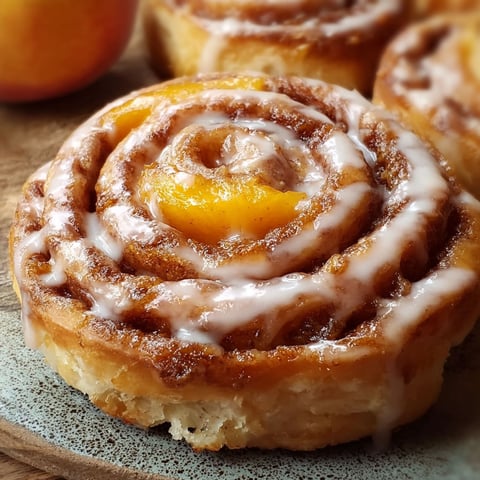 A delicious dessert made with peaches and cinnamon rolls.
