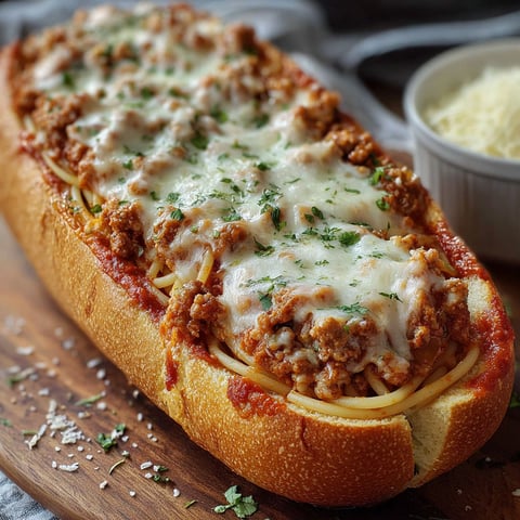 A delicious cheesy stuffed Italian bread boat is displayed on a wooden cutting board.