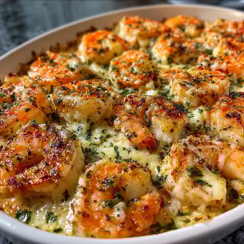 A delicious Garlic Parmesan Shrimp Bake is ready to be served.
