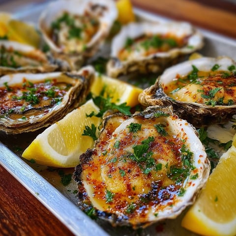 A dish of grilled oysters with a smoky lemon garlic sauce, topped with lemon wedges.