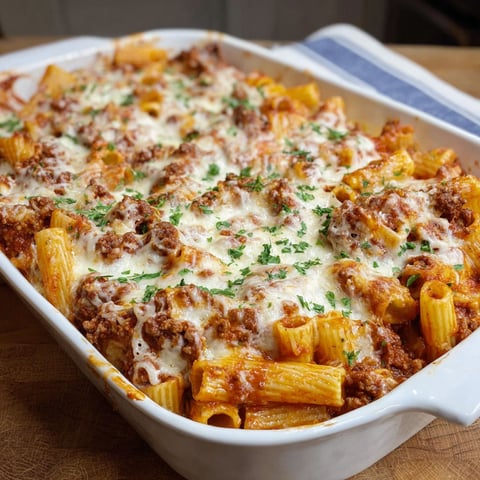 A delicious Cheesy Baked Rigatoni Pasta dish is ready to be served.