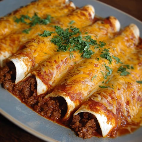 A plate of beef and bean enchiladas, topped with cheese and green onions.