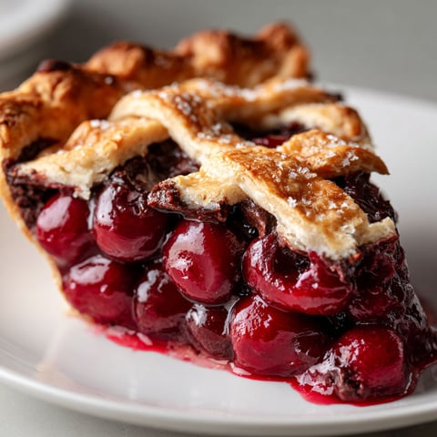 A slice of Chocolate Cherry Pie with a generous amount of cherries and chocolate sauce.