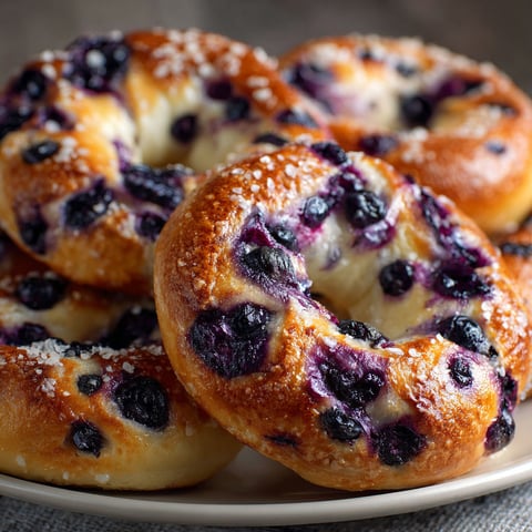 A plate of freshly baked blueberry bagels with powdered sugar on top.