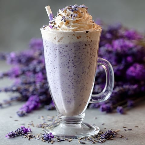A glass of Earl Grey Lavender Milkshake is topped with whipped cream and purple flowers.