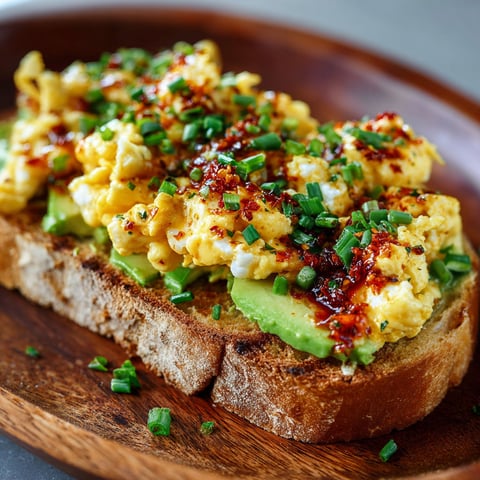 A delicious Chili Crisp JUST Egg Avocado Toast is served on a wooden platter.