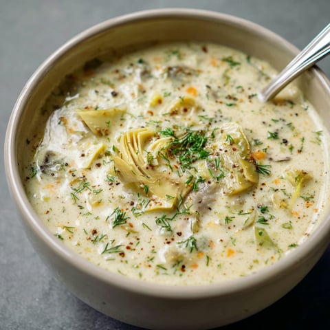 A bowl of artichoke soup with a spoon inside.