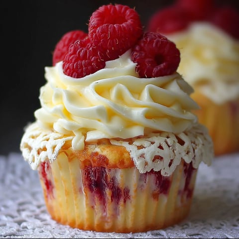A delicious Raspberry Lemon Heaven Cupcake with white frosting and raspberries on top.
