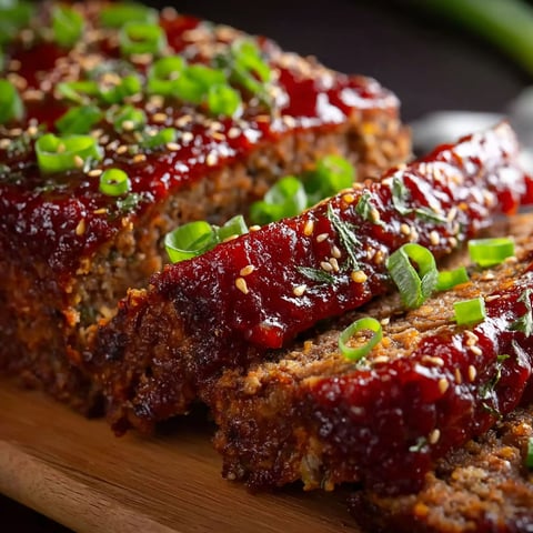 A delicious Asian-inspired Korean meatloaf with a generous amount of sauce and garnished with green onions.