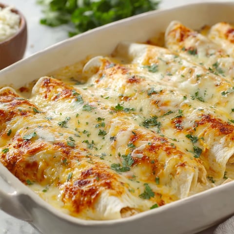 A dish of white chicken creamy enchiladas is served in a white bowl.