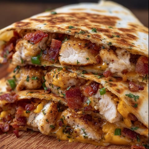 A delicious Bacon Chicken Chipotle Ranch Quesadilla is served on a wooden platter.