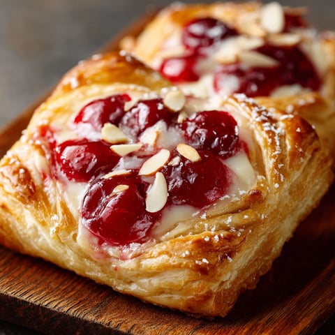 A delicious Easy Cherry Danish pastry with a generous amount of cherries and almonds on top, ready to be enjoyed.