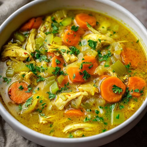 A bowl of soup filled with vegetables and chicken, including carrots and broccoli, is ready to be enjoyed.
