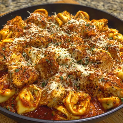 A delicious Cheesy Chicken Parmesan Tortellini dish, served in a black bowl.