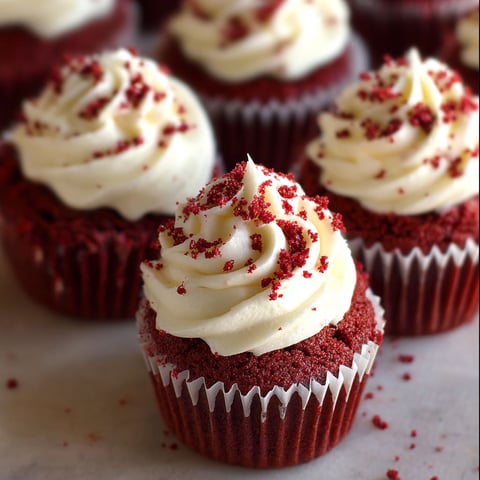A close up of a red velvet cupcake with white frosting and red sprinkles.