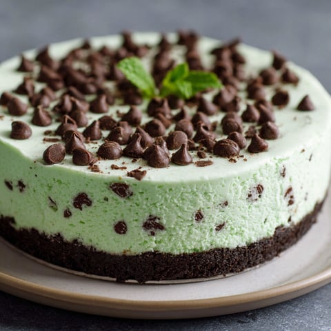 A slice of Mint Chocolate Chip Cheesecake on a plate.