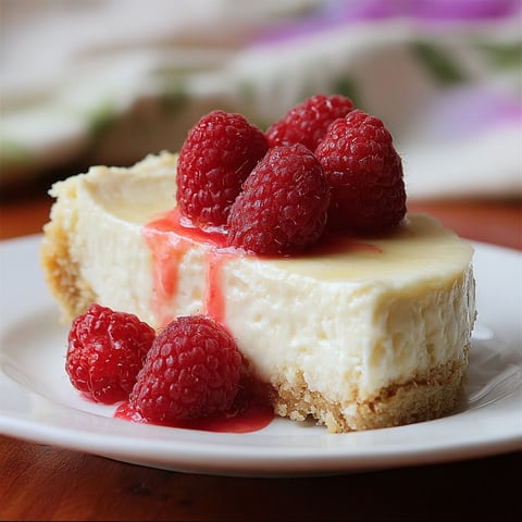 A slice of Greek Yogurt Cheesecake with raspberries on top.