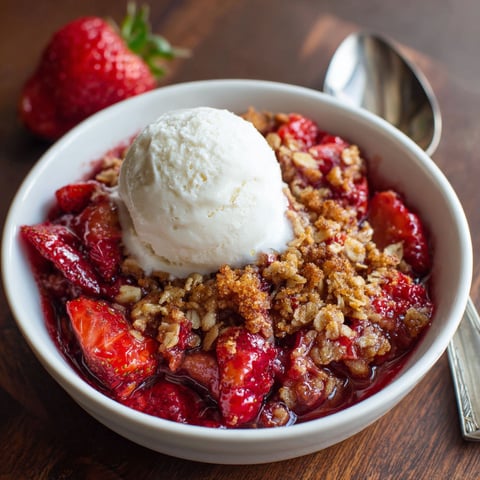 A bowl of Strawberry Crisp with a scoop of ice cream on top.