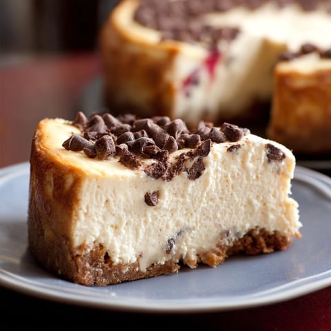 A slice of protein cheesecake with chocolate chips on top.