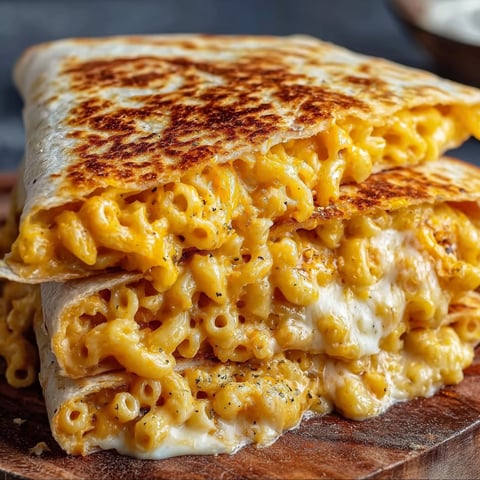 A delicious mac and cheese quesadilla is served on a wooden platter.