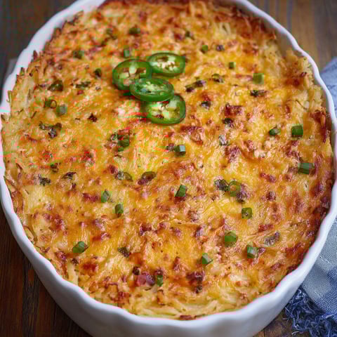 A dish of Pimento Cheese Hash Brown Casserole with green onions on top.
