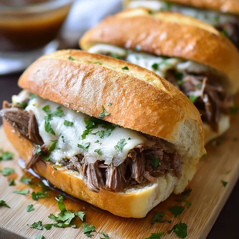 A delicious crockpot French dip sandwich is served on a wooden platter.