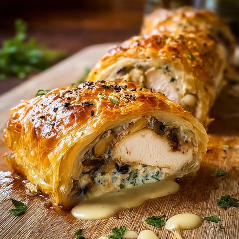 A delicious Chicken Wellington is served on a wooden platter, with a drizzle of sauce on top.