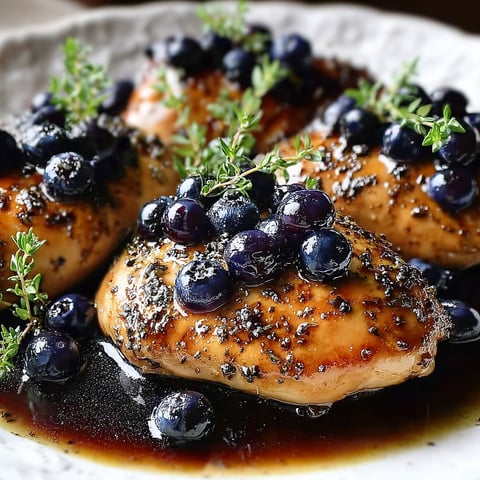 A plate of chicken with blueberries and thyme on top.