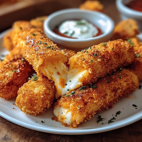 A plate of Buffalo Chicken Mozzarella Sticks with a side of ranch dressing.