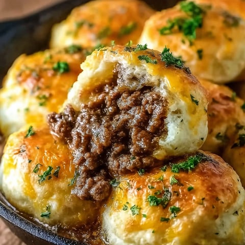 A close up of a delicious cheesy beef biscuit bomb.