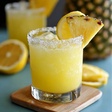 A glass of Pineapple Lemon Drop Cocktail is served in a wooden tray.