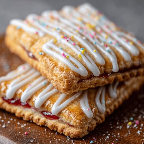 A stack of protein pop tarts with white icing and sprinkles.