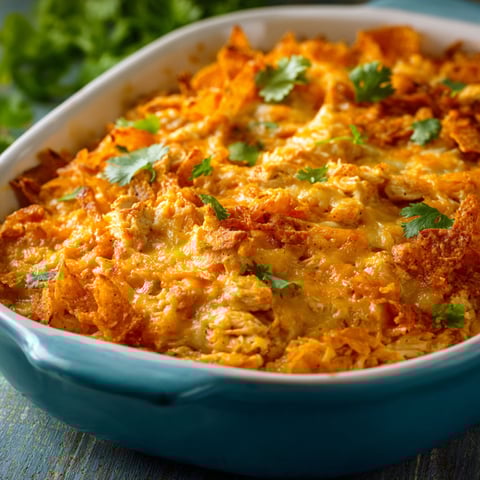 A blue bowl filled with a delicious Doritos Casserole with Chicken.