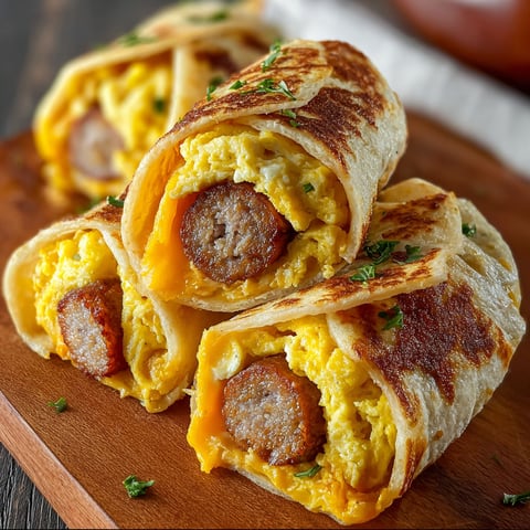 Sausage, egg, and cheese breakfast roll-ups are stacked on a wooden cutting board.