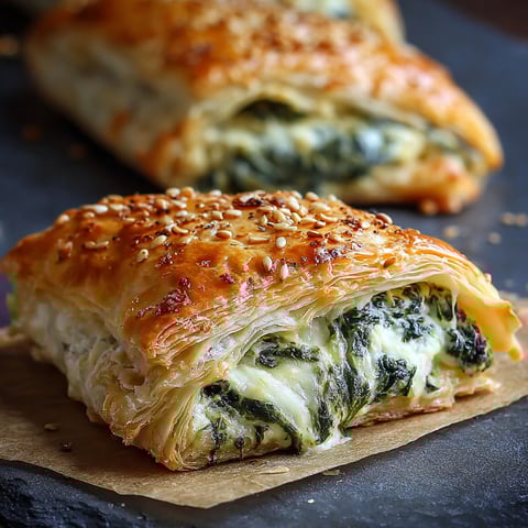 Two pieces of cheese and spinach stuffed pastry on a black surface.