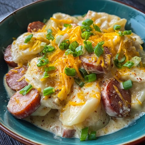 A delicious crockpot pierogi and garlic sausage casserole, topped with cheese and sausage, is served in a blue bowl.