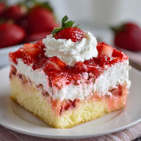 A slice of Strawberry Cheesecake Poke Cake is served on a white plate.
