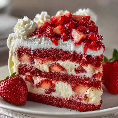 A slice of Strawberries and Cream Dream Layer Cheesecake Cake on a plate.