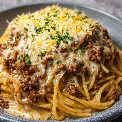 A delicious bowl of Cheesy Garlic Butter Beef Spaghetti.
