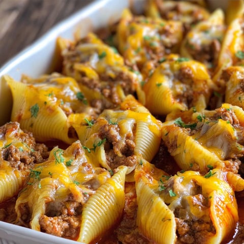 A dish of Cheesy Taco Stuffed Pasta Shells is ready to be served.