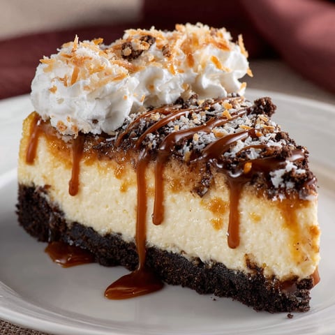 A slice of Samoa Cheesecake with caramel drizzle on a white plate.